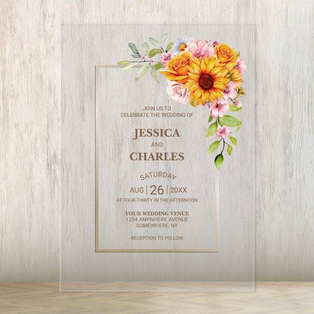 Sunflower Pink Rose Floral Wedding Acrylic Invitations (Creator Uploaded)
