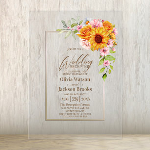 Sunflower Pink Rose Floral Wedding Reception Acrylic Invitations