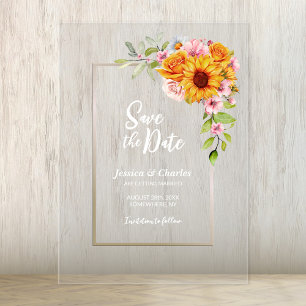 Sunflower Pink Rose Floral Wedding Save the Date Acrylic Invitations