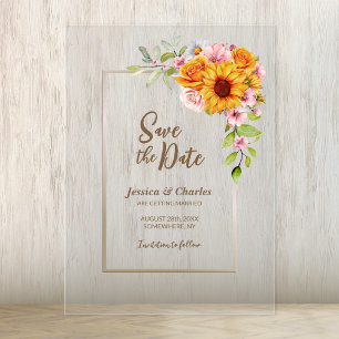 Sunflower Pink Rose Floral Wedding Save the Date Acrylic Invitations