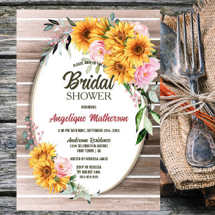 Sunflower Pink Rose Oval Wood Bridal Shower Invitation