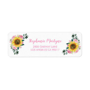Sunflower Pink Rose Watercolor Floral Return Address Label