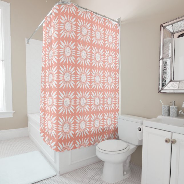 Sunflower Pink White Tile Pattern Shower Curtain (In Situ)
