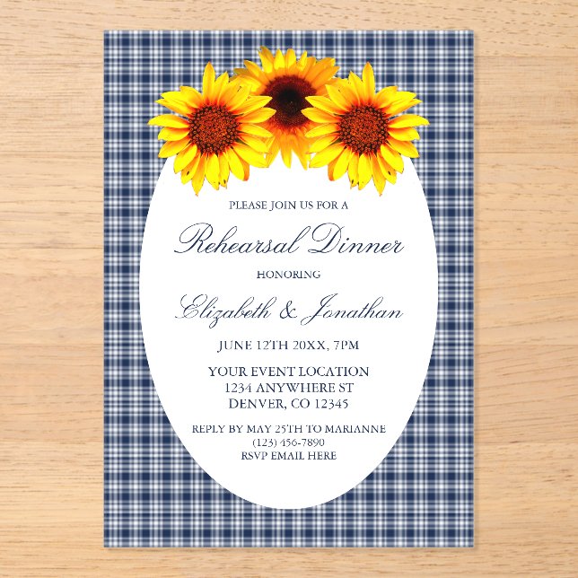 Sunflower Plaid Rehearsal Dinner Acrylic Invitations (Front)