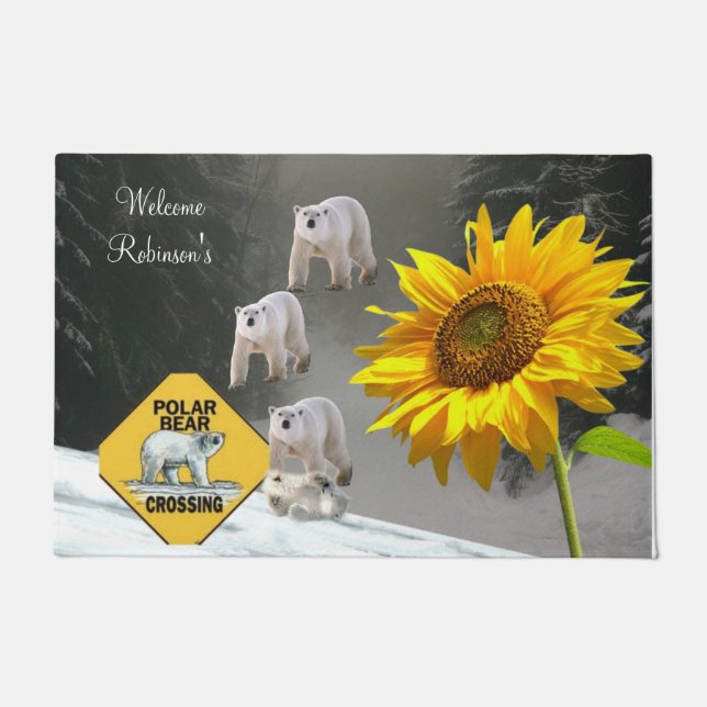 Sunflower Polar Bear Floral  Door Mat (Front)