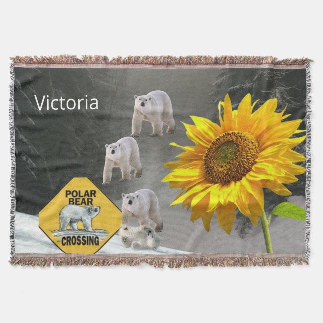 Sunflower Polar Bear Floral Throw Blanket (Front)