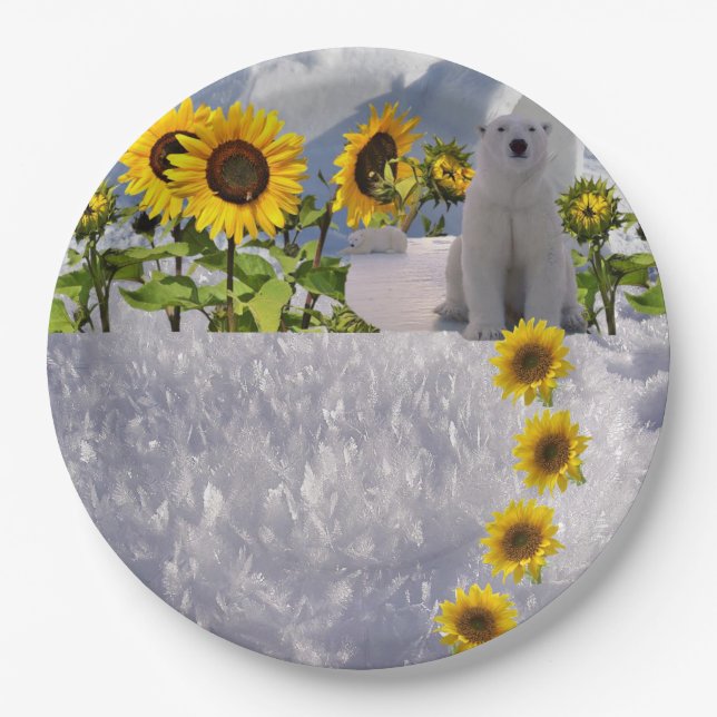 Sunflower Polar Bear Paper Plates (Front)