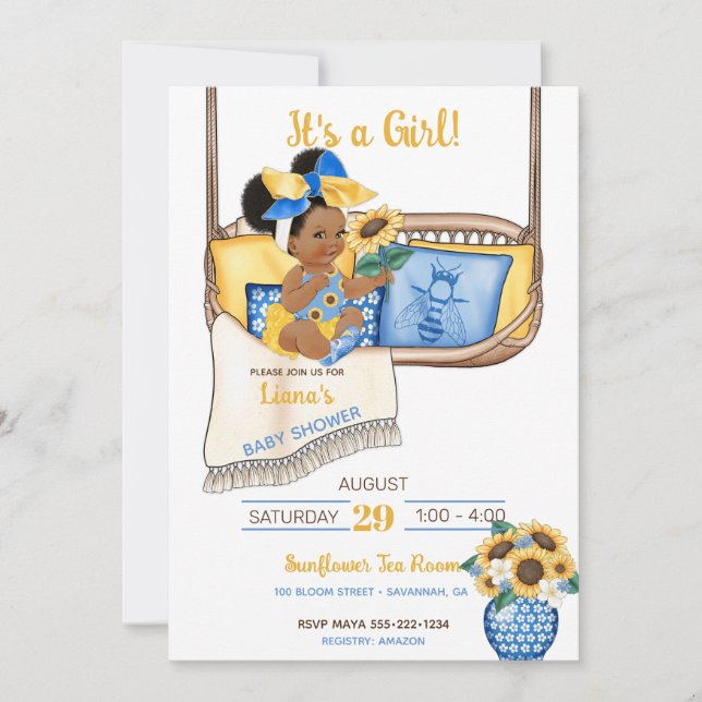 Sunflower Porch Swing Yellow Blue Sunflower Bee Invitation (Front)
