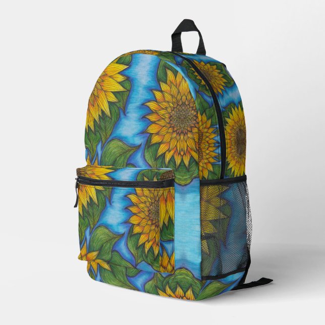 Sunflower Print Backpack Yellow Blue Black (Back Corner Right)