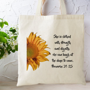 Sunflower Proverbs 31:25 Bible Verse Custom Tote Bag