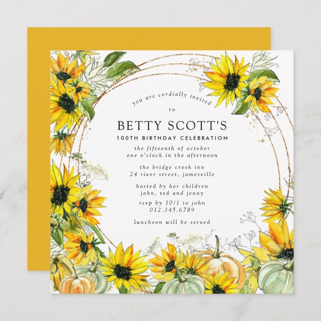 Sunflower Pumpkin Autumn Fall 100th Birthday Invitation (Front/Back)