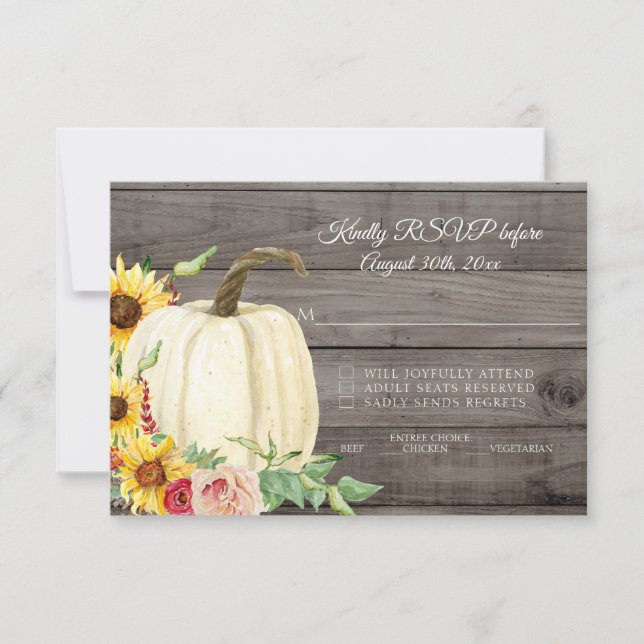 Sunflower Pumpkin Blush Red Fall Barn Wood RSVP Invitation (Front)