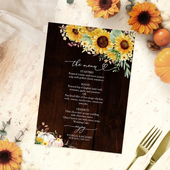 Sunflower Pumpkin Burgundy Wedding Menu Card (Creator Uploaded)