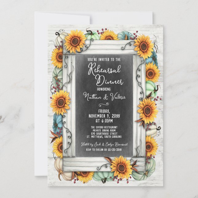 Sunflower Pumpkin Chalkboard Fall Rehearsal Dinner Invitation (Front)