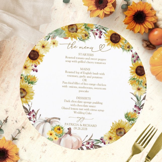 Sunflower Pumpkin Circle Wedding Menu Card (Creator Uploaded)
