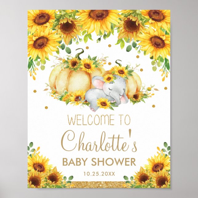 Sunflower Pumpkin Elephant Baby Shower Welcome Poster (Front)