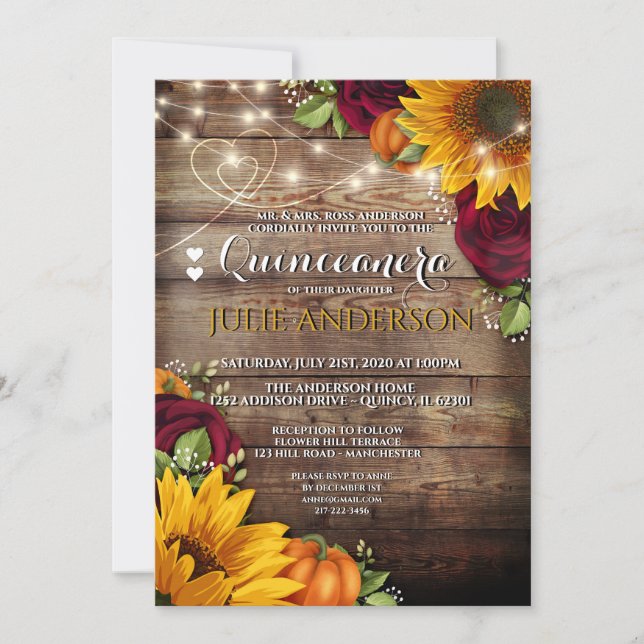 Sunflower, Pumpkin & Rose Rustic Quinceanera Invitation (Front)