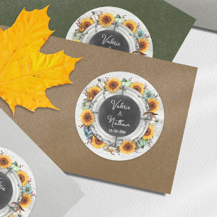 Sunflower Pumpkin Rustic Chalkboard Couples' Names Classic Round Sticker