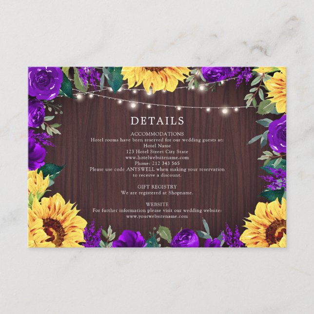 Sunflower Purple Border Lights Wedding Details Enclosure Card (Front)