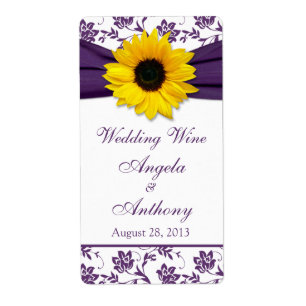 Sunflower Purple Damask Wedding Wine Bottle Labels