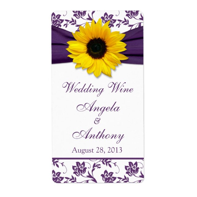 Sunflower Purple Damask Wedding Wine Bottle Labels (Front)