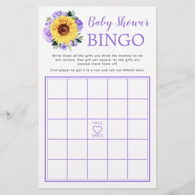 Sunflower Purple Floral Baby Shower Bingo Game (Front)