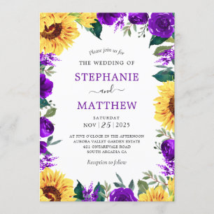 Sunflower Purple Floral Border Wedding Invitation