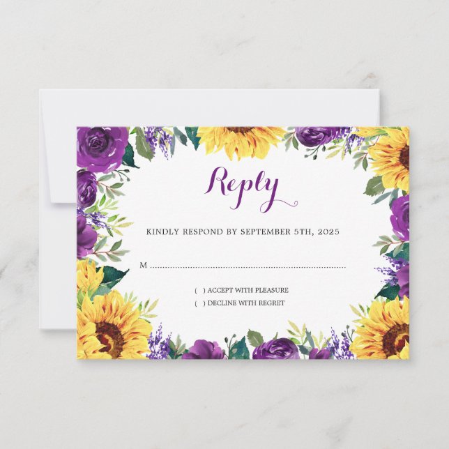 Sunflower Purple Floral Border Wedding RSVP Card (Front)