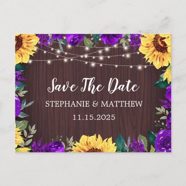 Sunflower Purple Floral Border Wood Save The Date Announcement Postcard (Front)