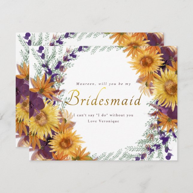 Sunflower purple floral gold script bridesmaid invitation (Front/Back)