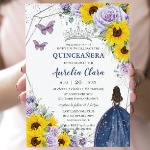 Sunflower Purple Floral Navy Blue Gown Quinceañera Invitation