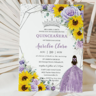 Sunflower Purple Floral Princess Gown Quinceañera Invitation