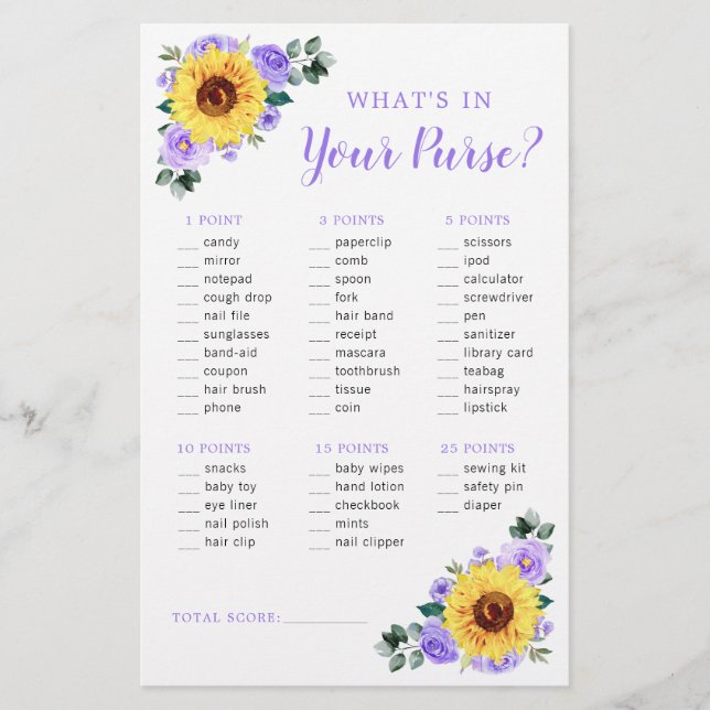 Sunflower Purple Floral Purse Baby Shower Game (Front)