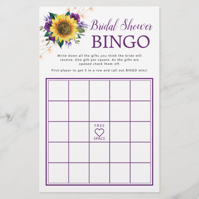 Sunflower Purple Lights Bridal Shower Bingo Game (Front)