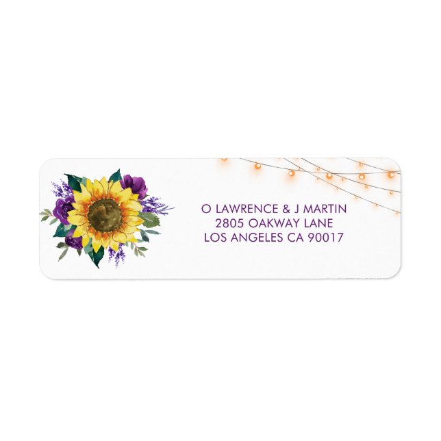 Sunflower Purple Rose Lights Wedding Address Return Address Label (Front)