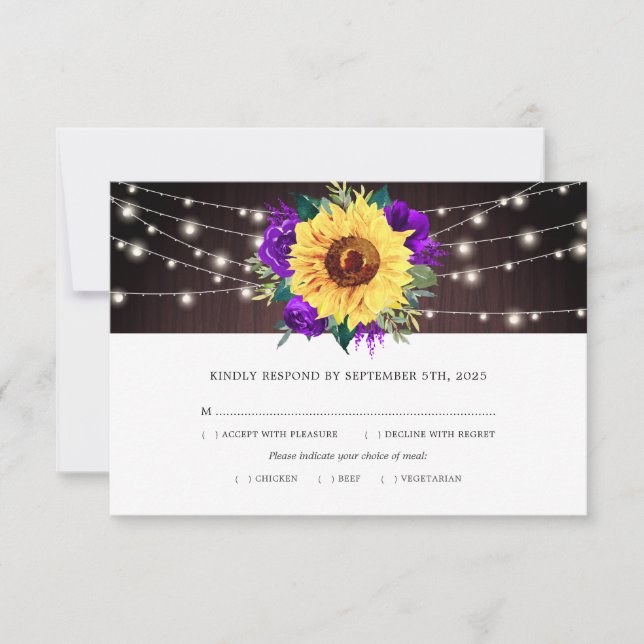 Sunflower Purple Rose Lights Wood Wedding Meal RSVP Card (Front)