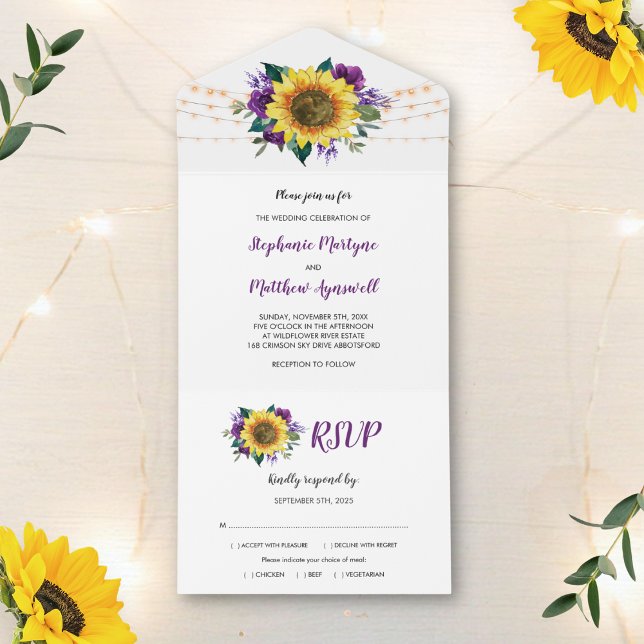 Sunflower Purple Roses Lights Floral Wedding All In One Invitation (Creator Uploaded)