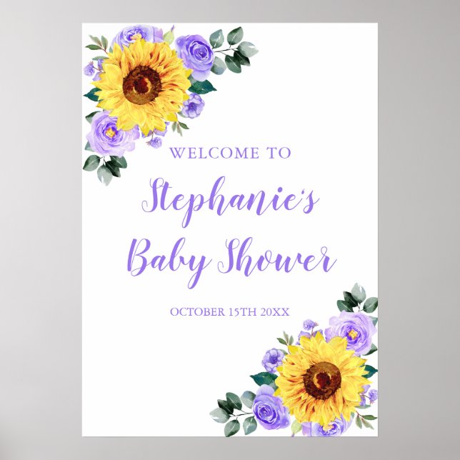 Sunflower Purple Watercolor Floral Baby Shower Poster (Front)