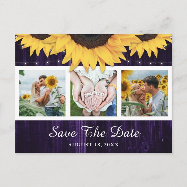 Sunflower Purple Wedding Photo Save The Date Announcement Postcard (Front)