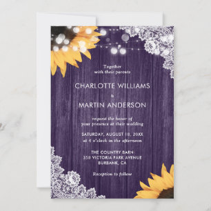 Sunflower Purple Wood Floral Lace Wedding Invitation