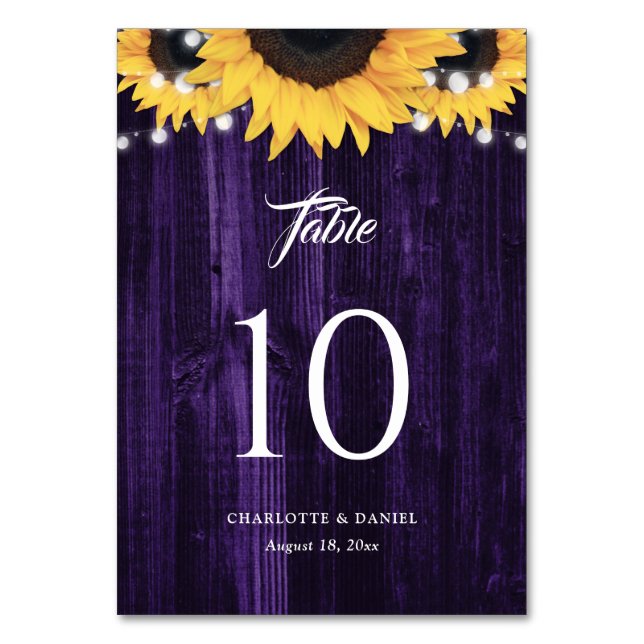 Sunflower Purple Wood String Lights Table Number (Front)