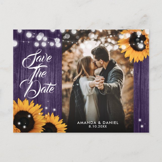 Sunflower Purple Wood Wedding Photo Save The Date Announcement Postcard (Front)