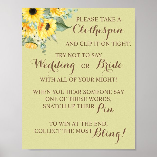 Sunflower Put a Clothespin Bridal Shower Game Sign (Front)