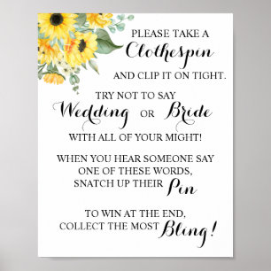 Sunflower Put a Clothespin Bridal Shower Game Sign