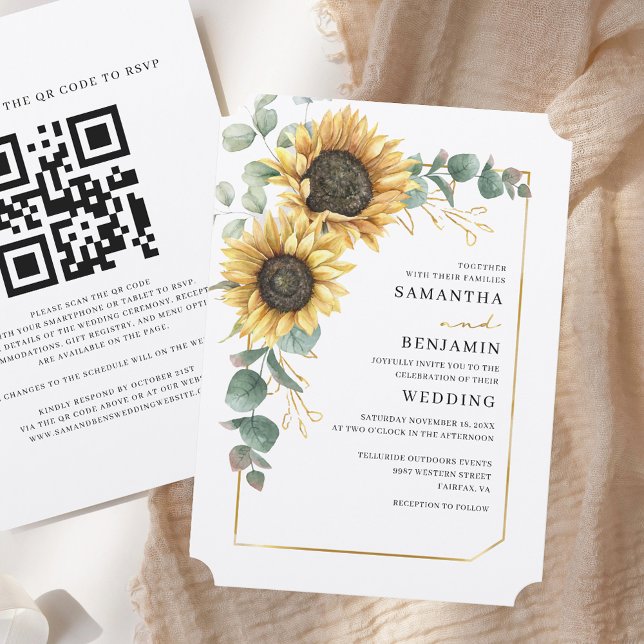 Sunflower QR Code All-in-One Floral Wedding Invitation (Floral Sunflower Eucalyptus QR Code Rustic Wedding Invitation)