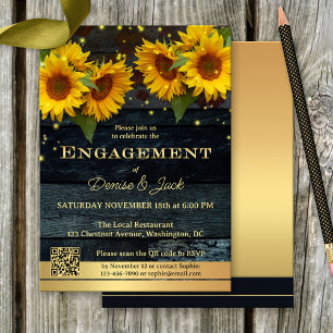 Sunflower QR Code Gold Rustic Engagement Invitation