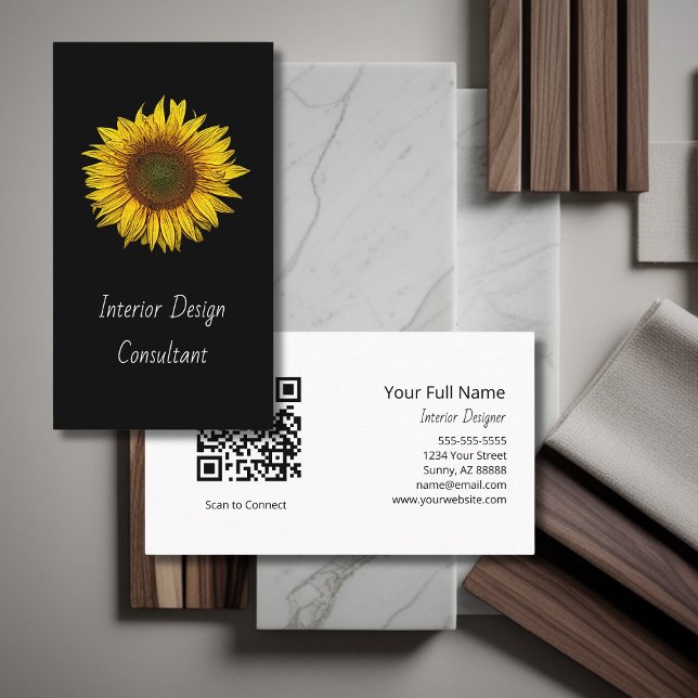 Sunflower QR code Interior Designer Modern Black  Business Card (Creator Uploaded)