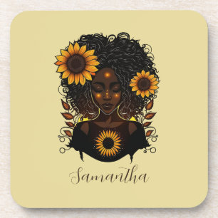 Sunflower Queen Afro Woman Coaster