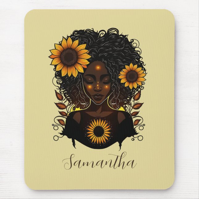 Sunflower Queen Afro Woman Mouse Pad (Front)