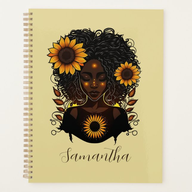 Sunflower Queen Afro Woman Planner (Front)